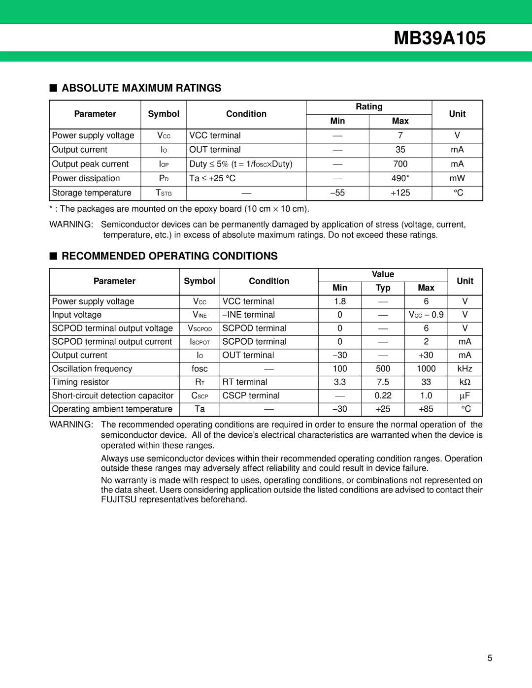 Fujitsu MB39A105 Absolute Maximum Ratings, Recommended Operating Conditions, Parameter Symbol Condition Value Unit Min Typ 