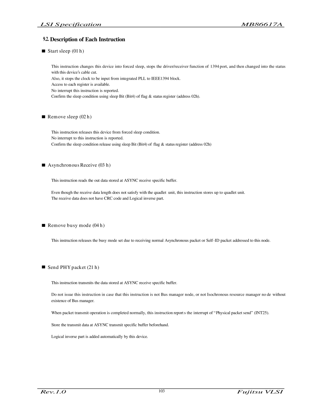 Fujitsu MB86617A manual Description of Each Instruction, Start sleep 01 h 