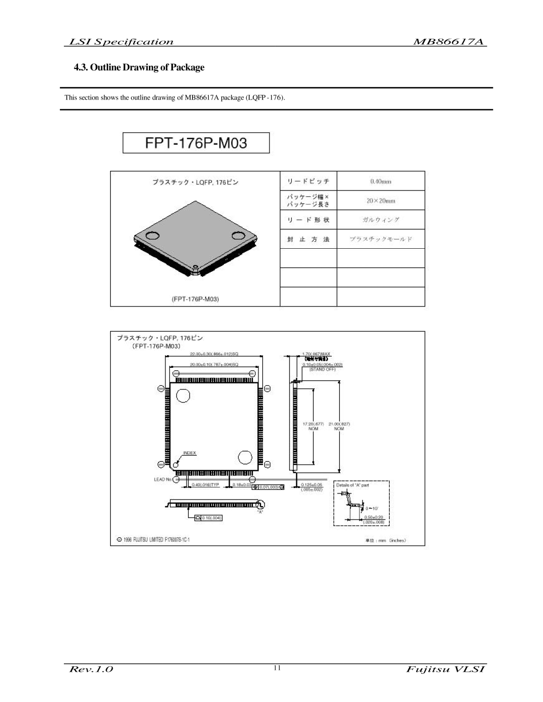 Fujitsu MB86617A manual Outline Drawing of Package 