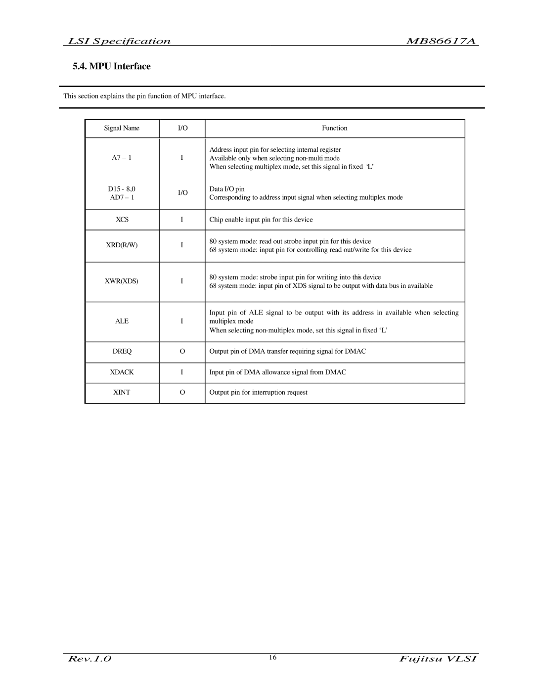 Fujitsu MB86617A manual MPU Interface, Xcs 