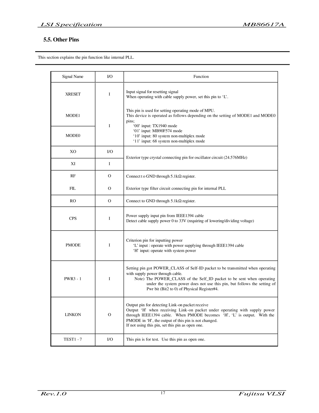 Fujitsu MB86617A manual Other Pins, Xreset 