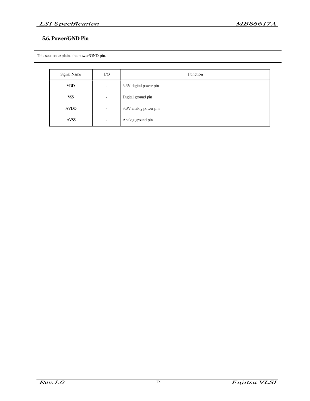 Fujitsu MB86617A manual Power/GND Pin, Vdd 