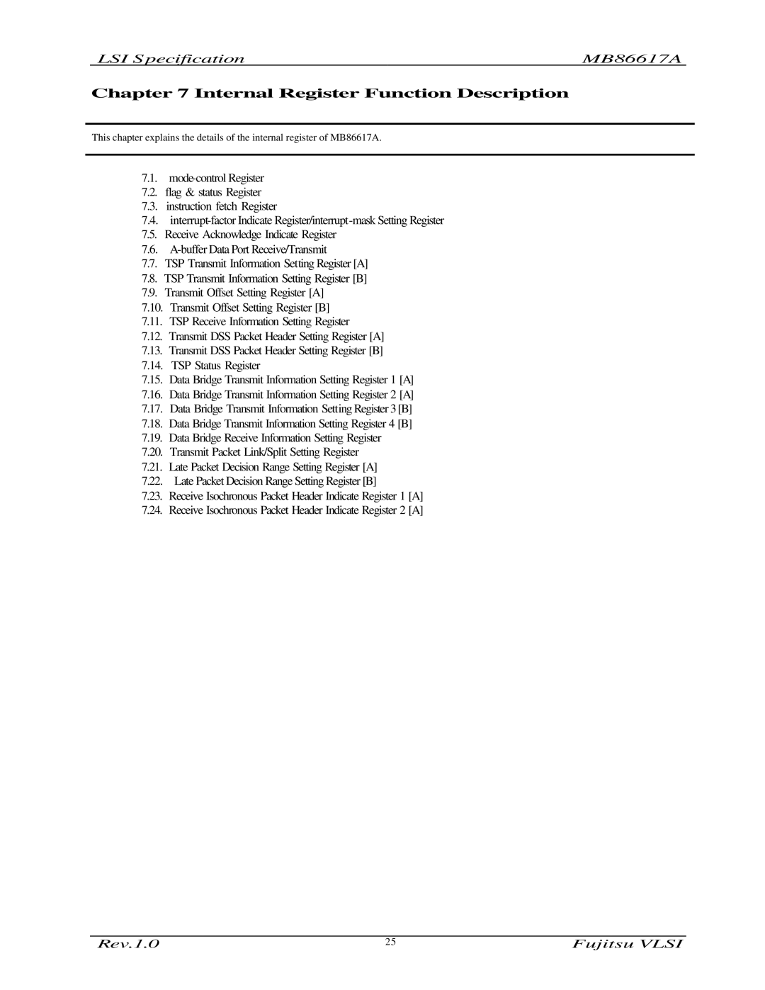 Fujitsu MB86617A manual Internal Register Function Description 