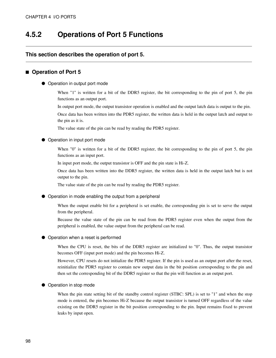 Fujitsu MB89202, F202RA manual Operations of Port 5 Functions, Operation in output port mode 