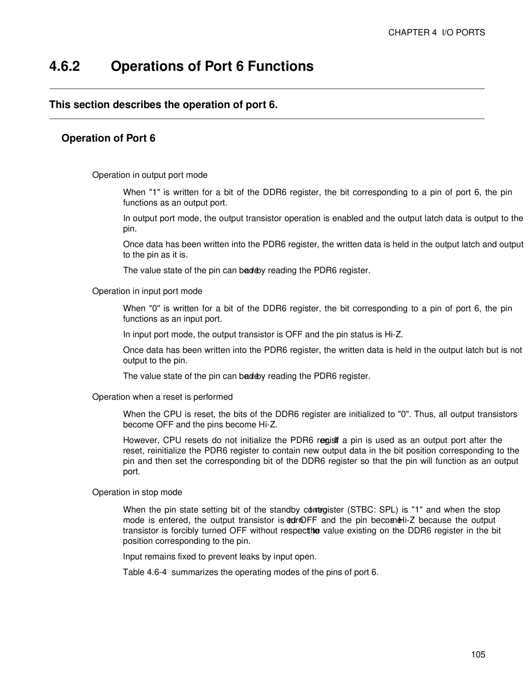 Fujitsu F202RA, MB89202 manual Operations of Port 6 Functions, Operation in output port mode 