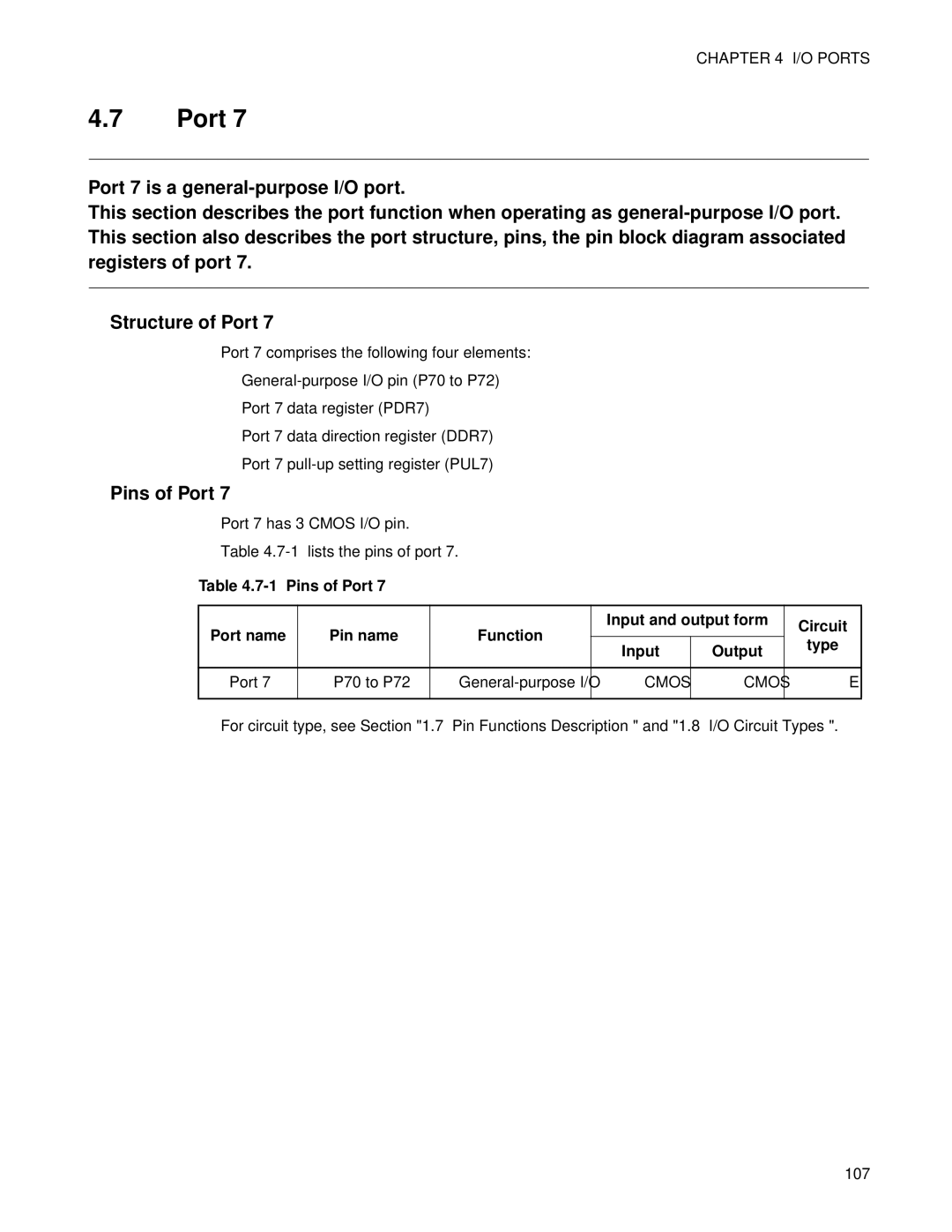 Fujitsu F202RA, MB89202 manual Pins of Port, Pin name Function Input and output form Circuit Output Type 