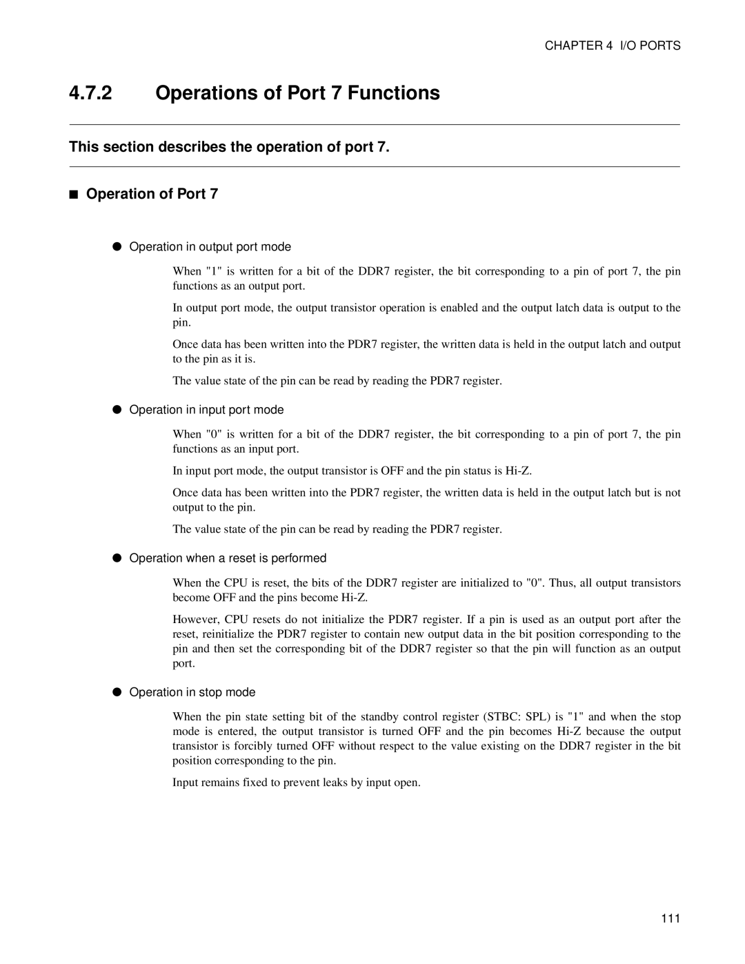 Fujitsu F202RA, MB89202 manual Operations of Port 7 Functions, Operation in output port mode 