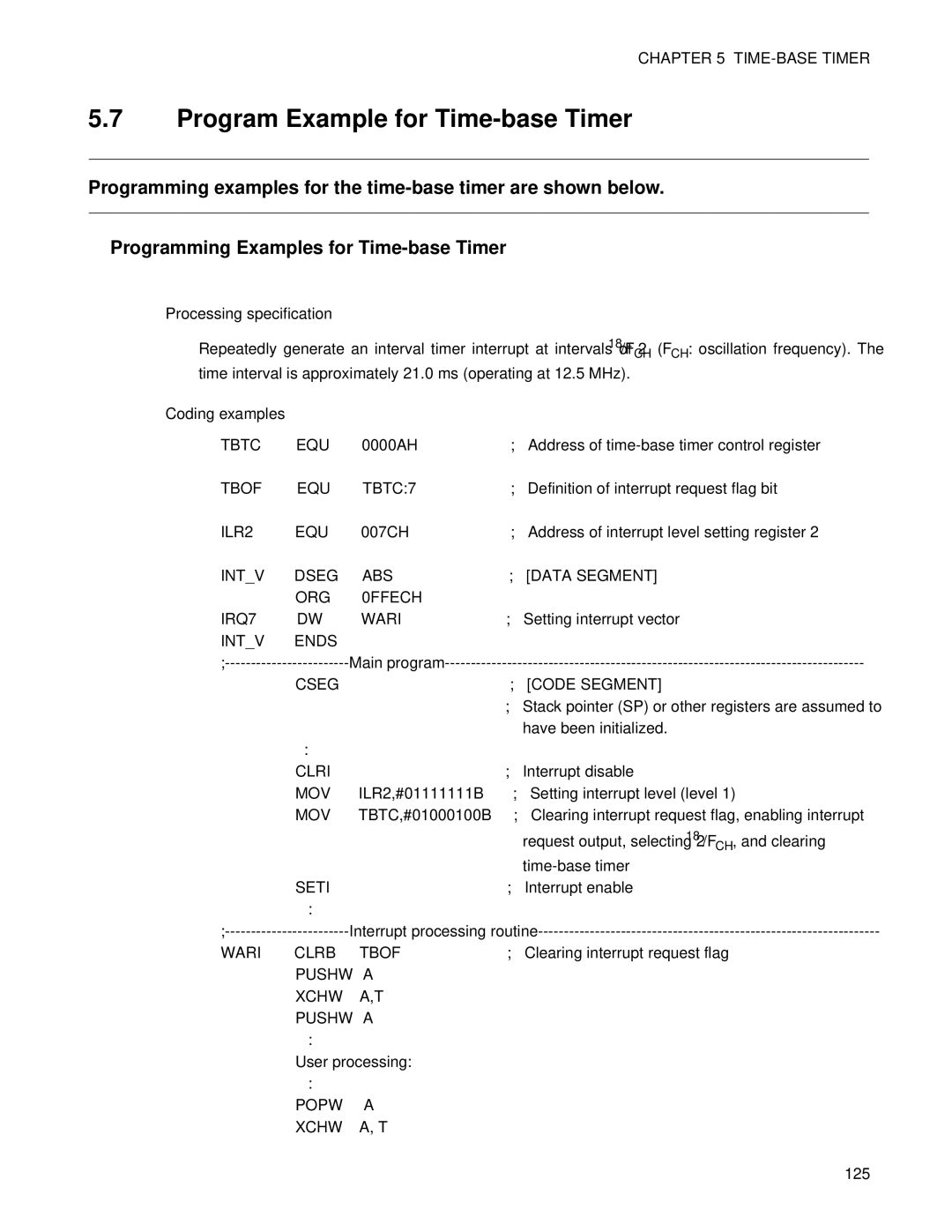 Fujitsu F202RA, MB89202 manual Program Example for Time-base Timer, Coding examples 