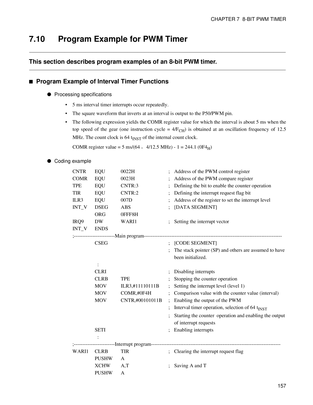 Fujitsu F202RA, MB89202 manual Program Example for PWM Timer, Processing specifications 