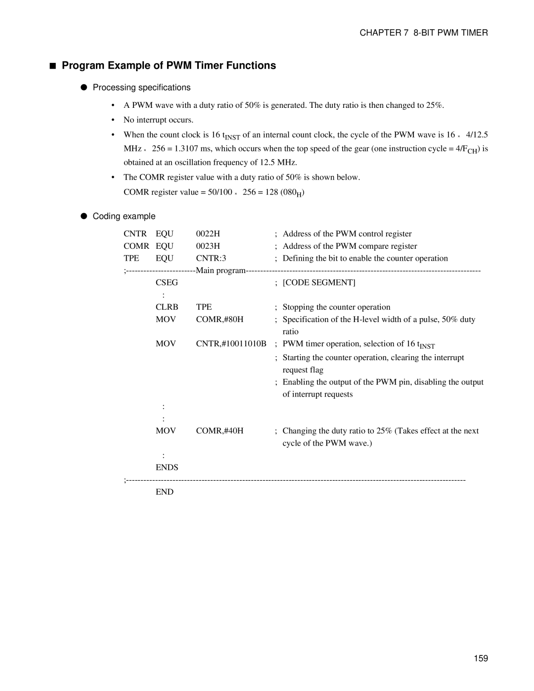 Fujitsu F202RA, MB89202 manual Program Example of PWM Timer Functions, 159 