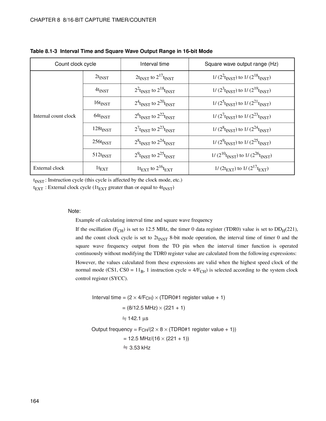 Fujitsu MB89202, F202RA manual Interval Time and Square Wave Output Range in 16-bit Mode, 164 