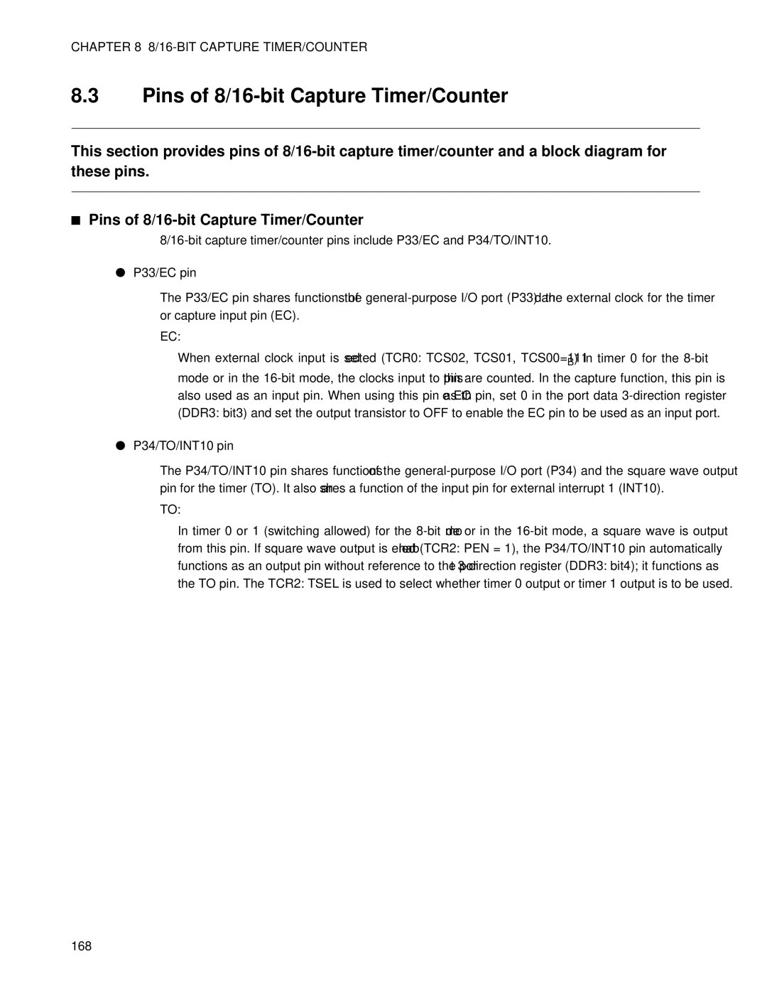 Fujitsu MB89202, F202RA manual Pins of 8/16-bit Capture Timer/Counter, P33/EC pin, P34/TO/INT10 pin 