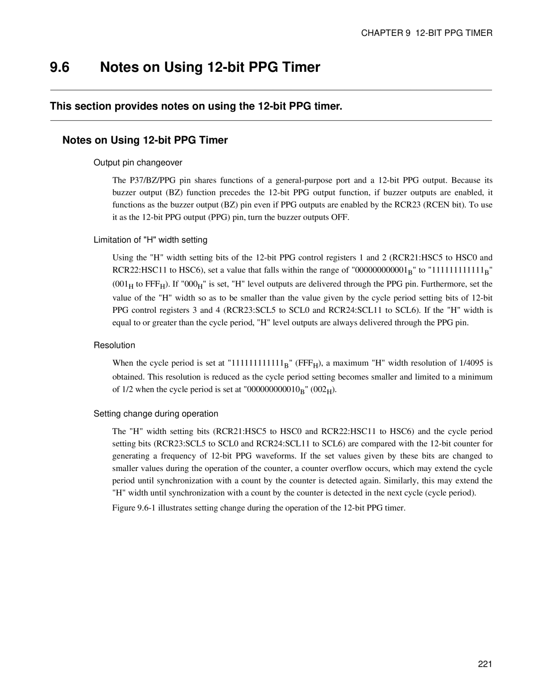 Fujitsu F202RA, MB89202 manual This section provides notes on using the 12-bit PPG timer, Output pin changeover, Resolution 