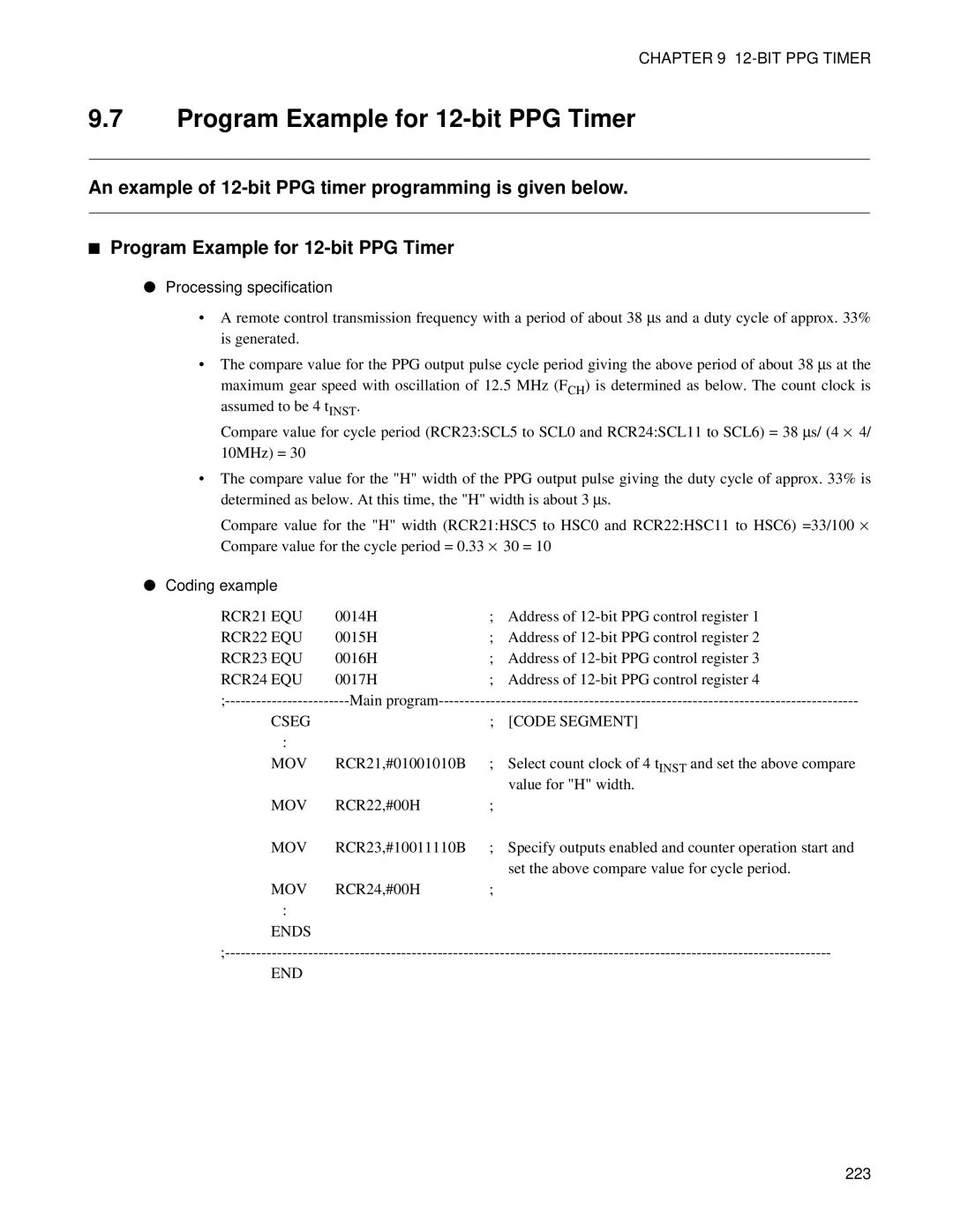 Fujitsu F202RA, MB89202 manual Program Example for 12-bit PPG Timer 