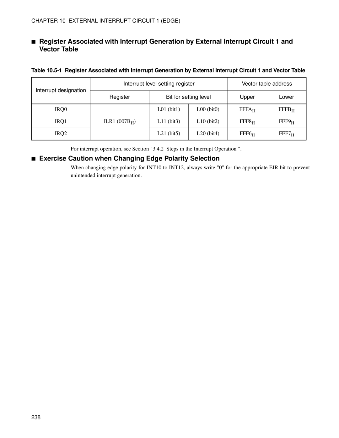 Fujitsu MB89202, F202RA manual Exercise Caution when Changing Edge Polarity Selection, FFF8H FFF9H IRQ2, 238 