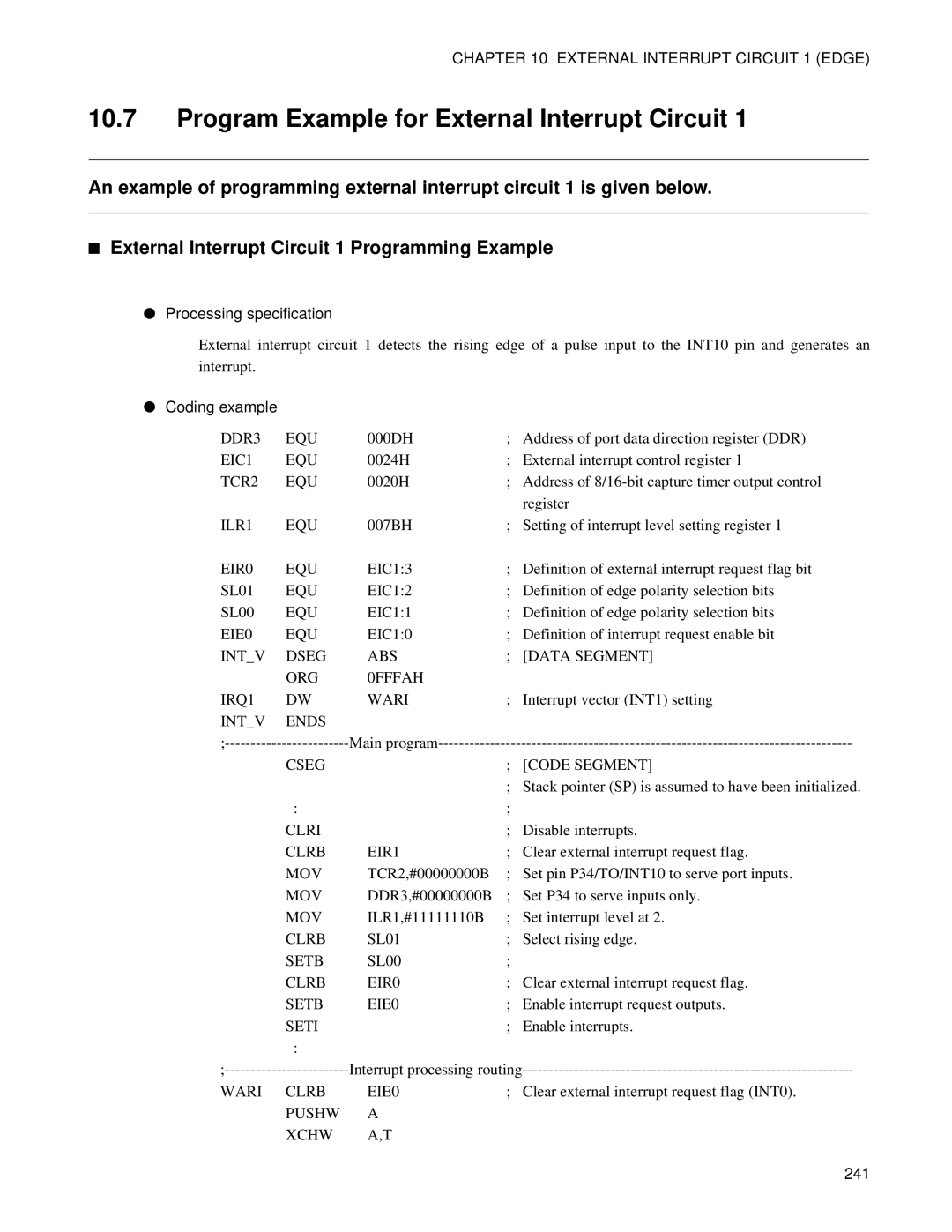 Fujitsu F202RA, MB89202 manual Program Example for External Interrupt Circuit 