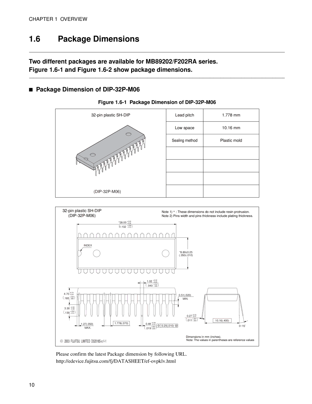 Fujitsu MB89202, F202RA manual Package Dimensions, Package Dimension of DIP-32P-M06 