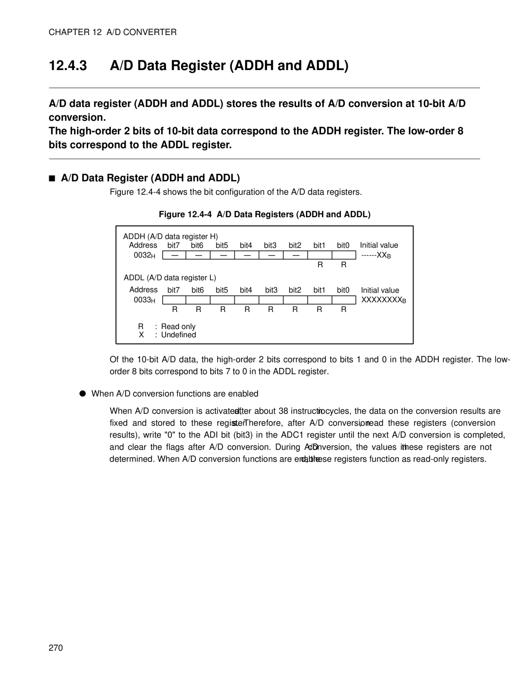 Fujitsu MB89202, F202RA manual 12.4.3 A/D Data Register Addh and Addl, When A/D conversion functions are enabled 