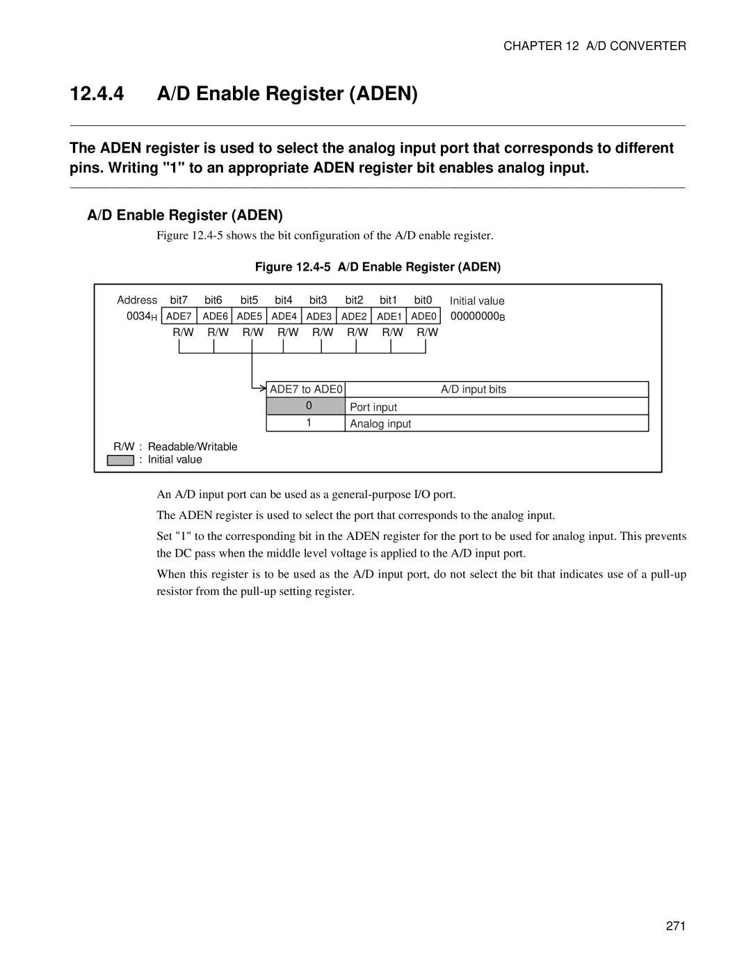 Fujitsu F202RA, MB89202 manual 12.4.4 A/D Enable Register Aden, 5 A/D Enable Register Aden 