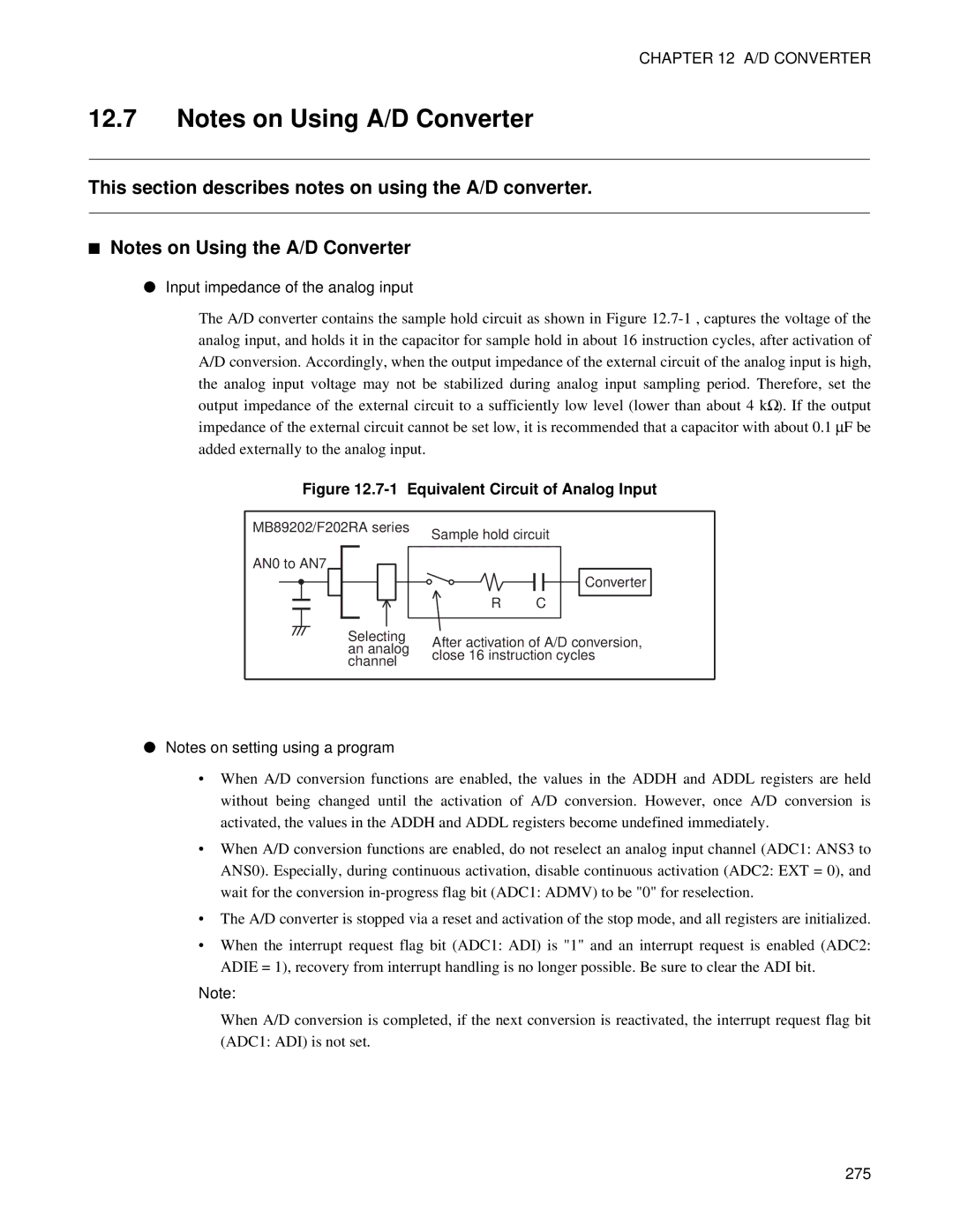 Fujitsu F202RA, MB89202 manual This section describes notes on using the A/D converter, Input impedance of the analog input 