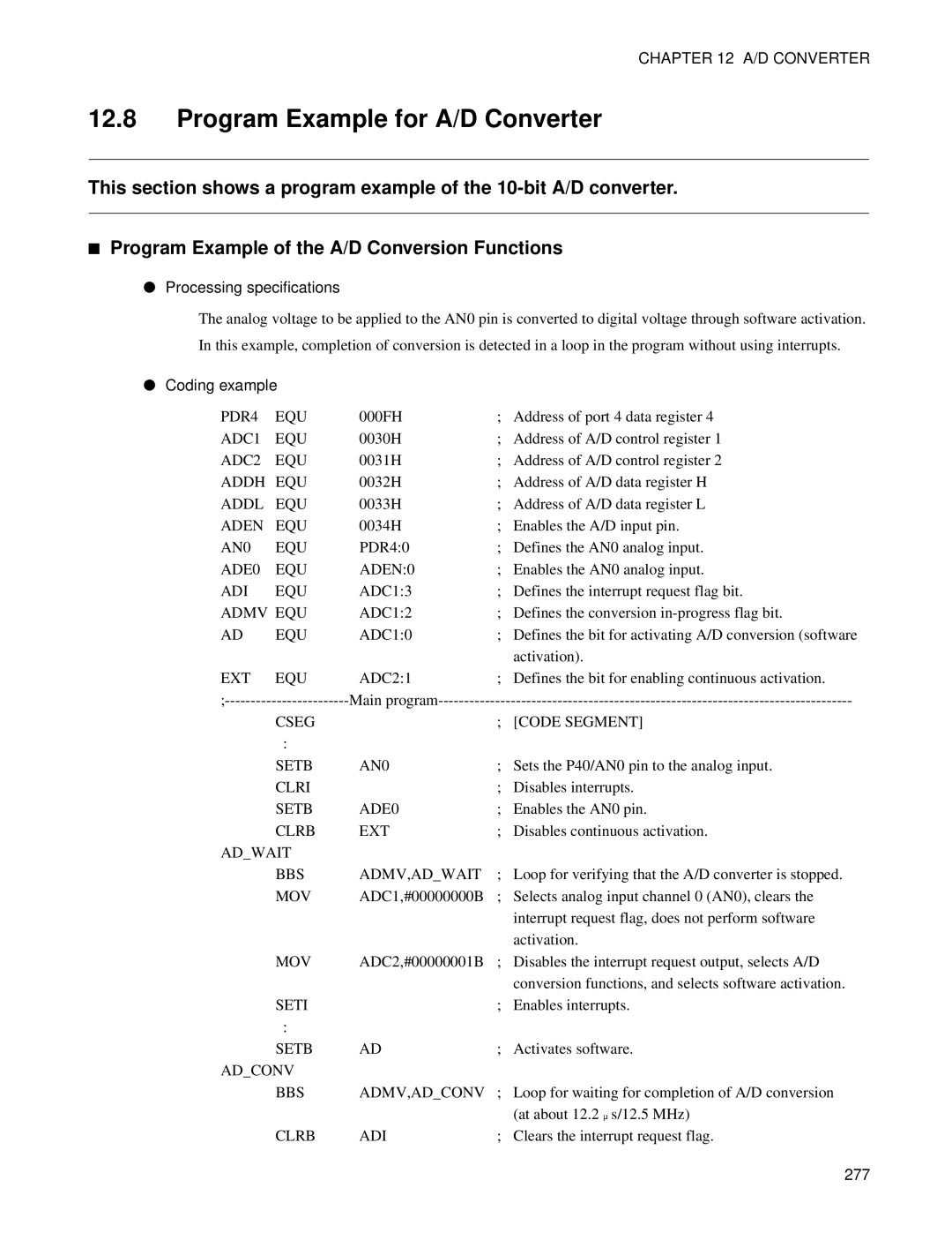 Fujitsu F202RA, MB89202 manual Program Example for A/D Converter 