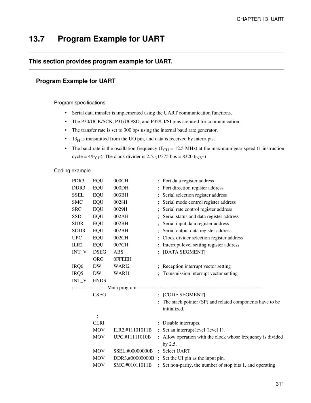 Fujitsu F202RA, MB89202 manual Program Example for Uart, Program specifications 