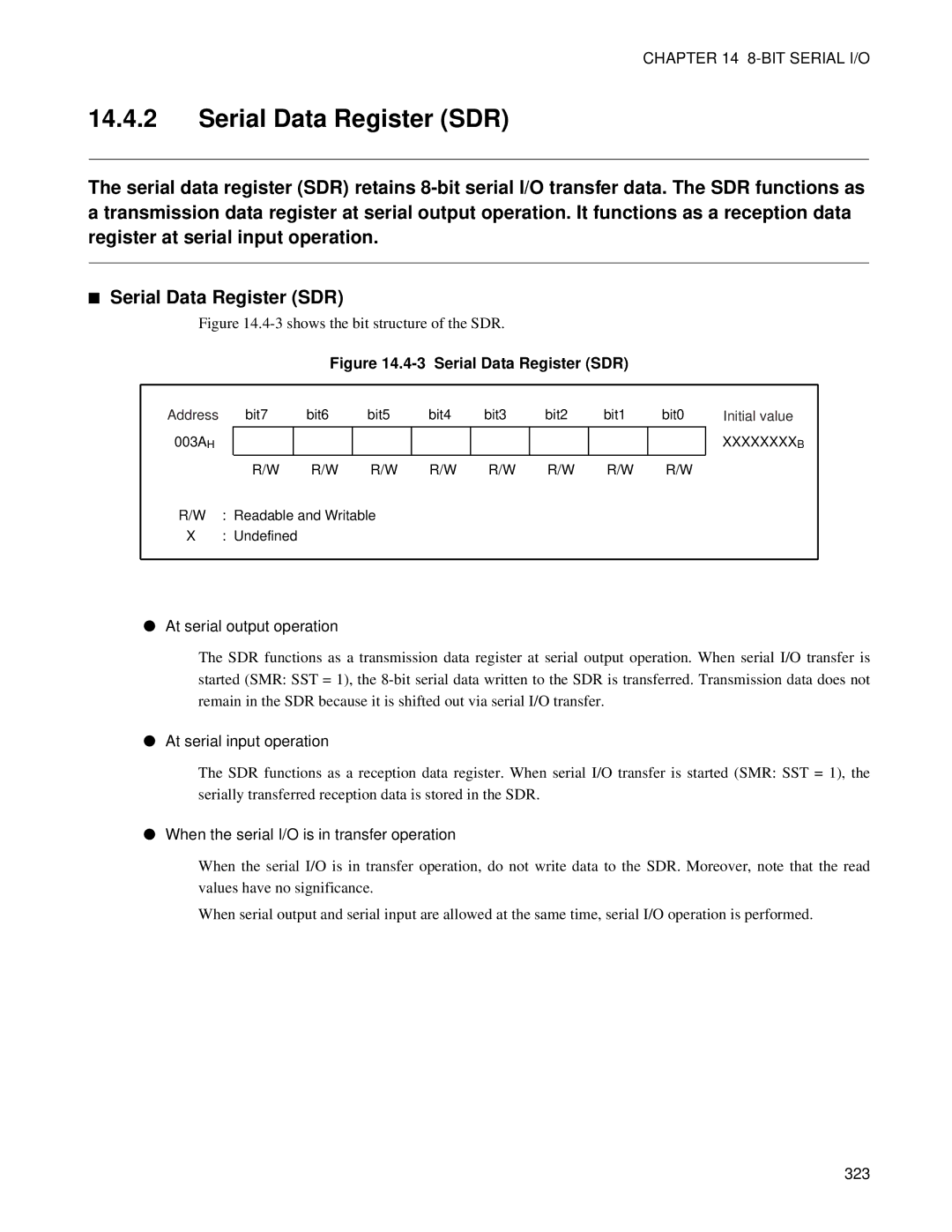 Fujitsu F202RA, MB89202 manual Serial Data Register SDR, At serial output operation, At serial input operation 