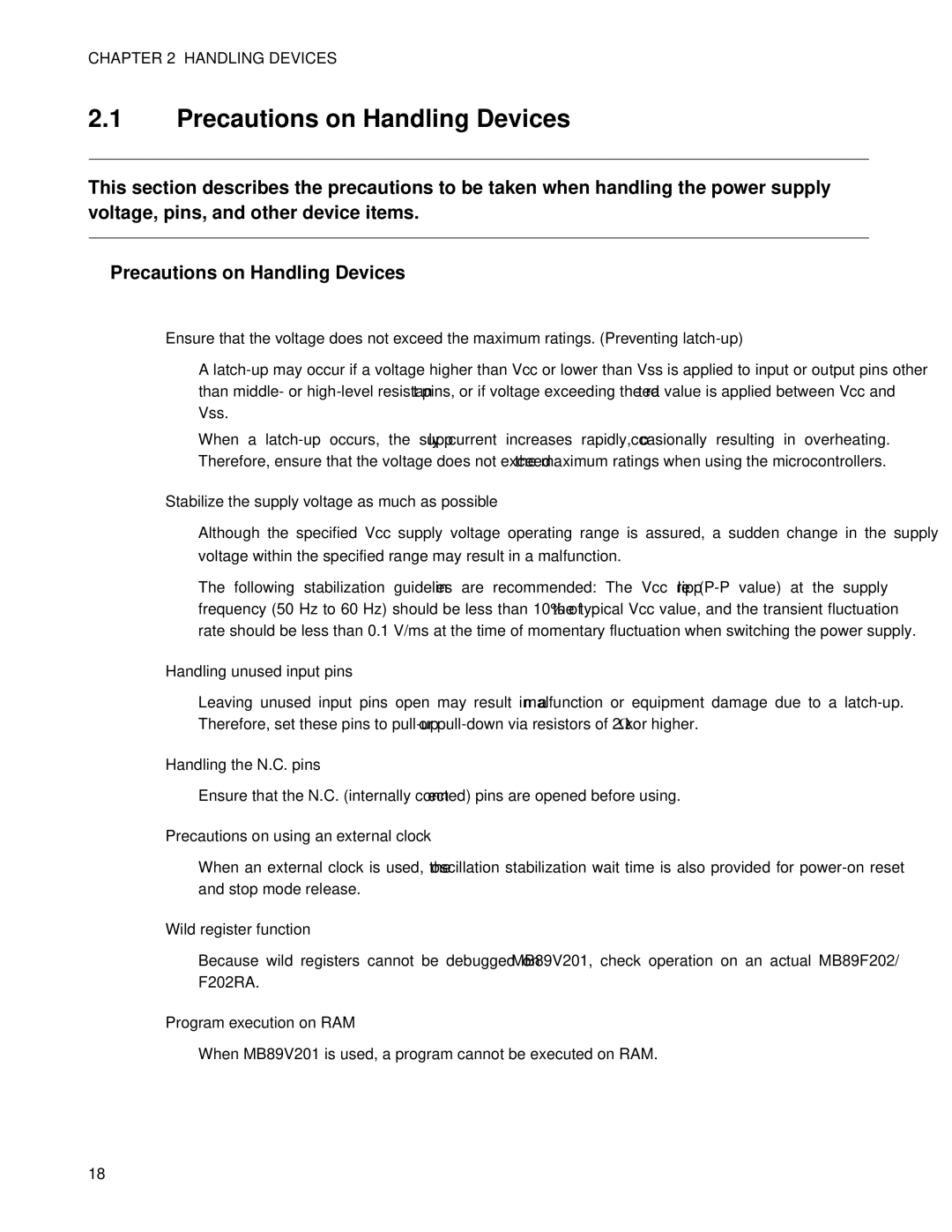 Fujitsu MB89202, F202RA manual Precautions on Handling Devices 