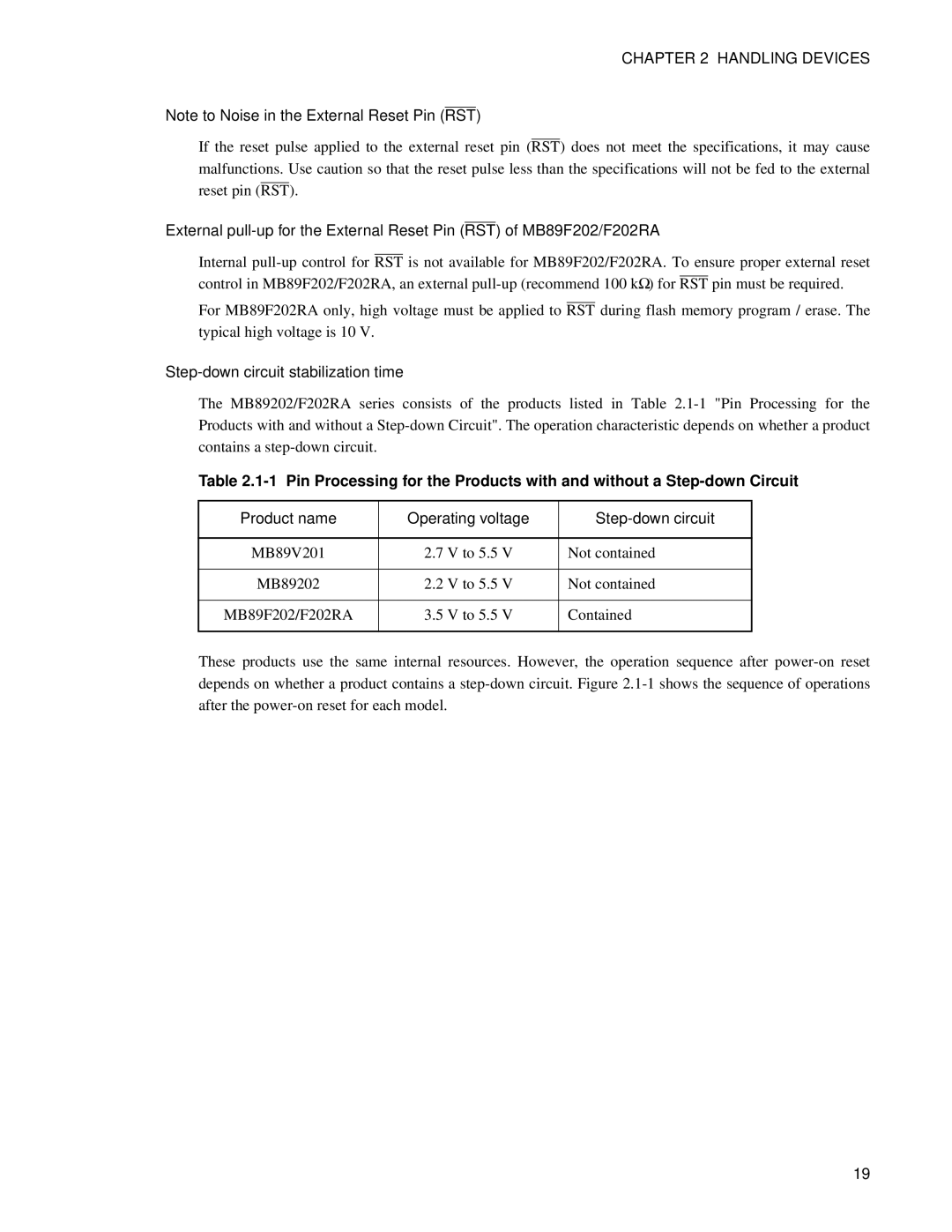 Fujitsu F202RA, MB89202 manual Step-down circuit stabilization time, Product name Operating voltage Step-down circuit 