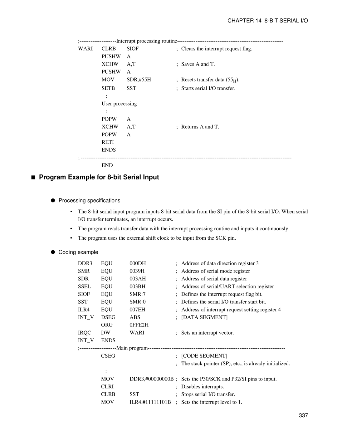 Fujitsu F202RA, MB89202 manual Program Example for 8-bit Serial Input, Wari Clrb Siof, Pushw MOV, Popw Reti Ends END, 337 