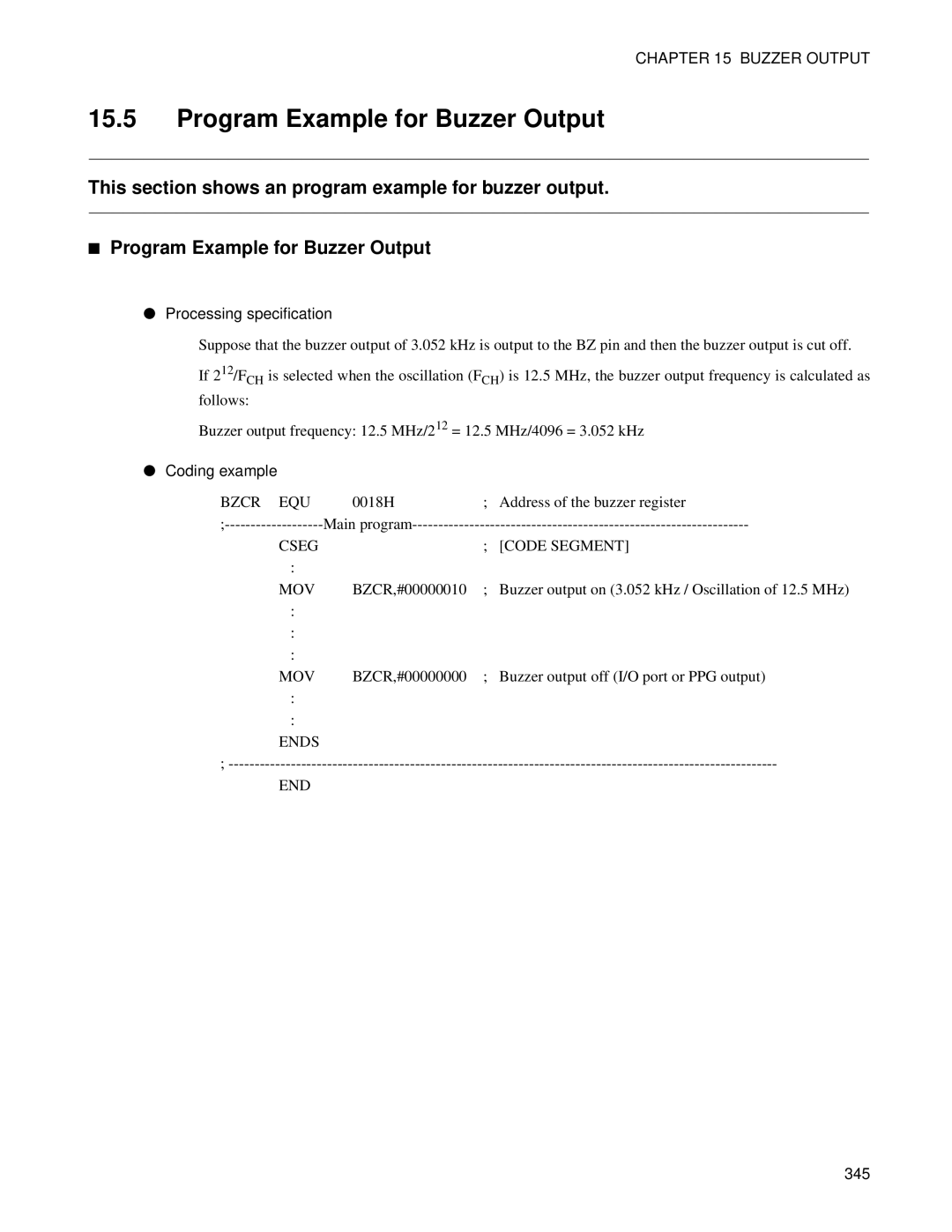 Fujitsu F202RA, MB89202 manual Program Example for Buzzer Output, Bzcr EQU 