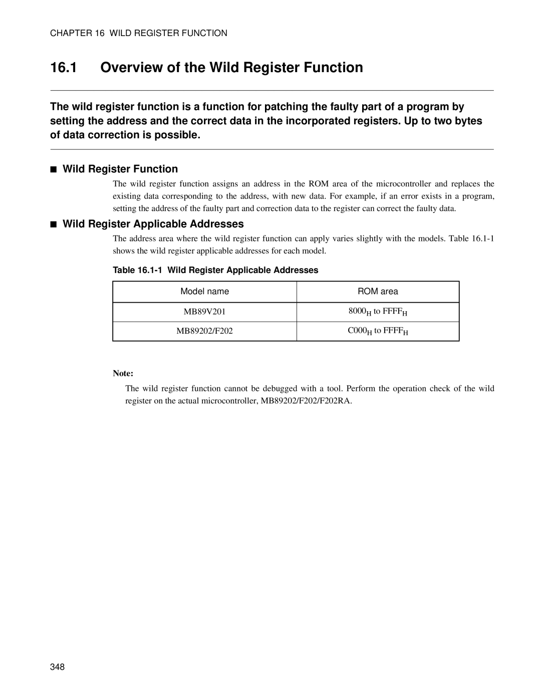 Fujitsu MB89202, F202RA Overview of the Wild Register Function, Wild Register Applicable Addresses, Model name ROM area 