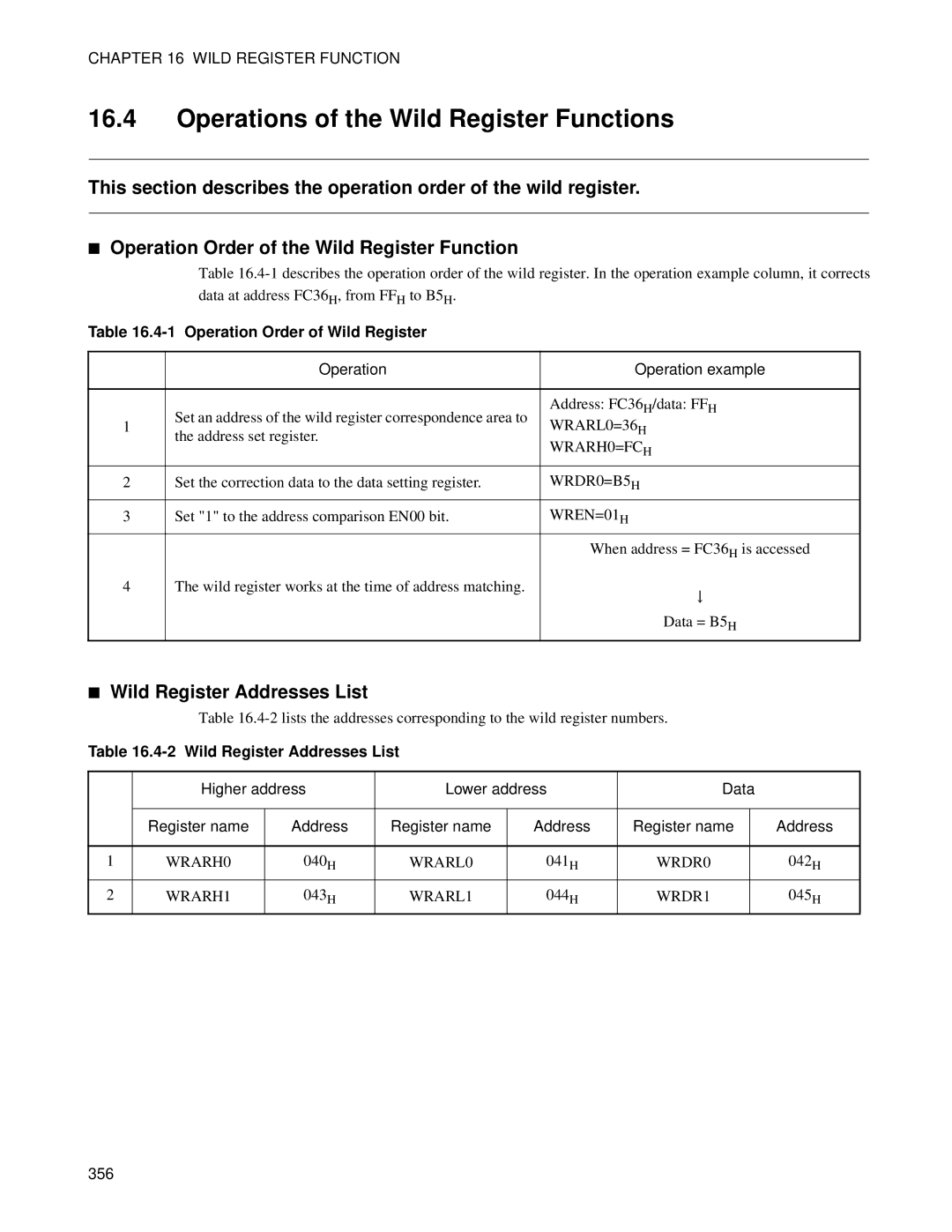 Fujitsu MB89202 Operations of the Wild Register Functions, Wild Register Addresses List, Operation Order of Wild Register 