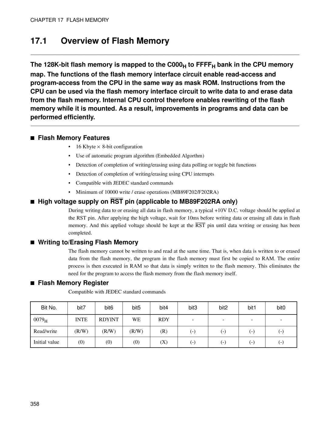 Fujitsu MB89202, F202RA manual Overview of Flash Memory, Writing to/Erasing Flash Memory, Flash Memory Register 