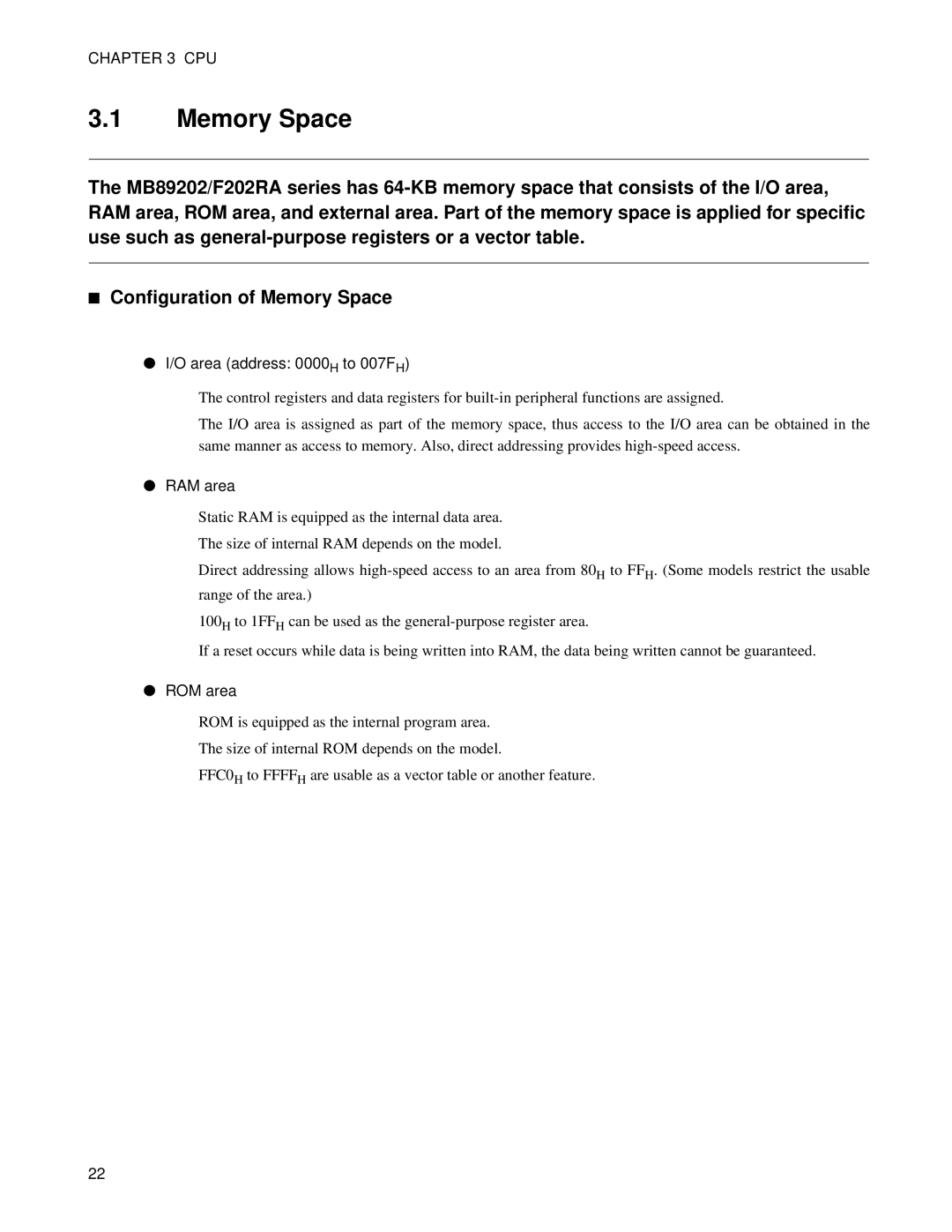 Fujitsu MB89202, F202RA manual Memory Space, Cpu, Area address 0000H to 007FH, RAM area, ROM area 