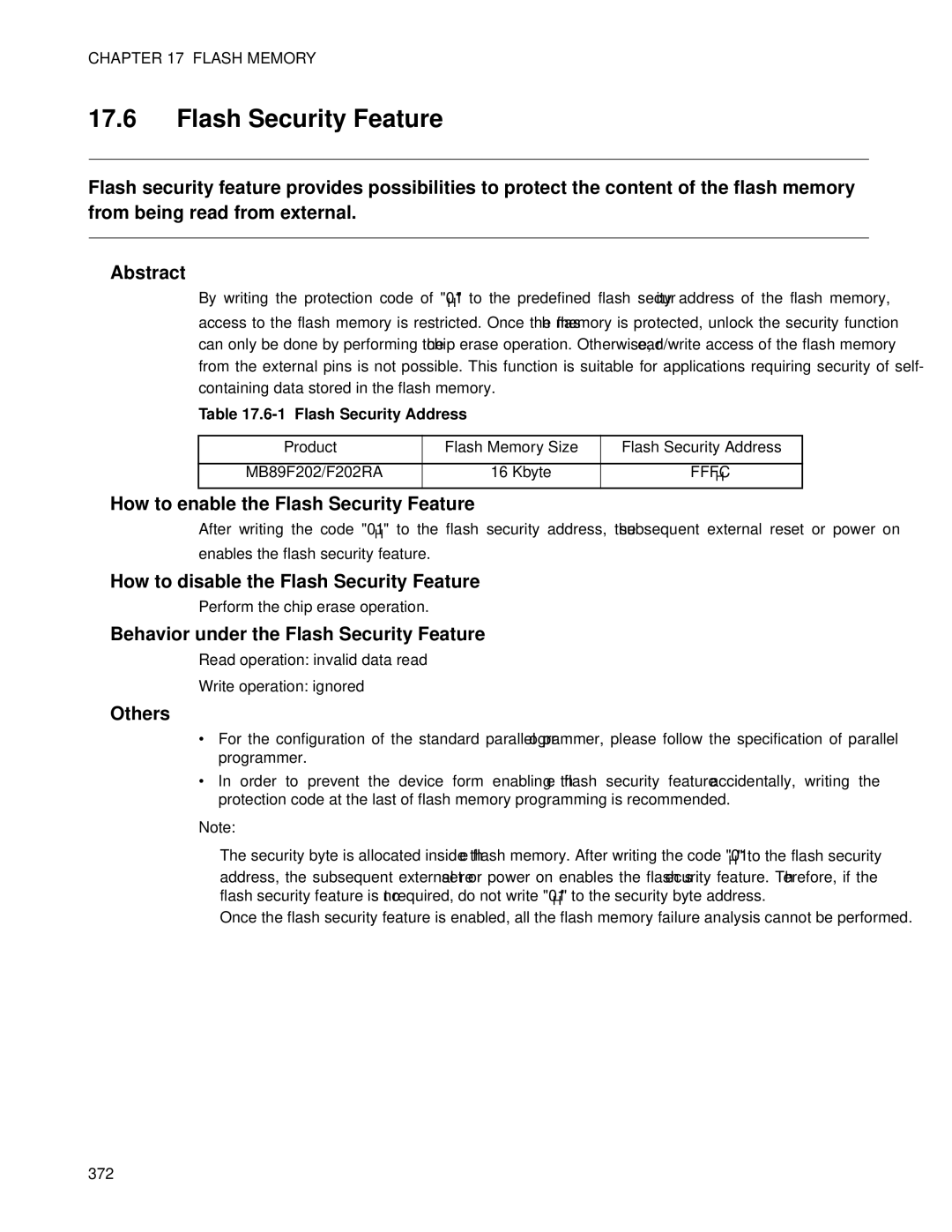 Fujitsu MB89202, F202RA How to enable the Flash Security Feature, How to disable the Flash Security Feature, Others 