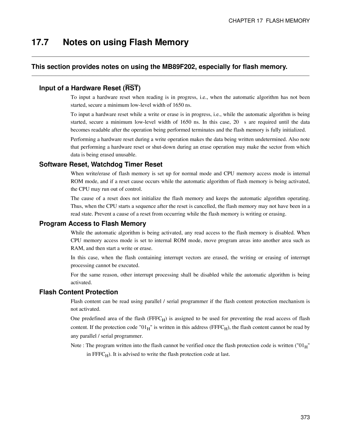 Fujitsu F202RA, MB89202 Software Reset, Watchdog Timer Reset, Program Access to Flash Memory, Flash Content Protection 