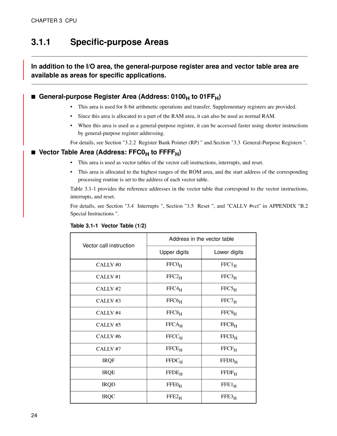 Fujitsu MB89202 Specific-purpose Areas, Vector Table Area Address FFC0H to Ffffh, Vector /2, Address in the vector table 