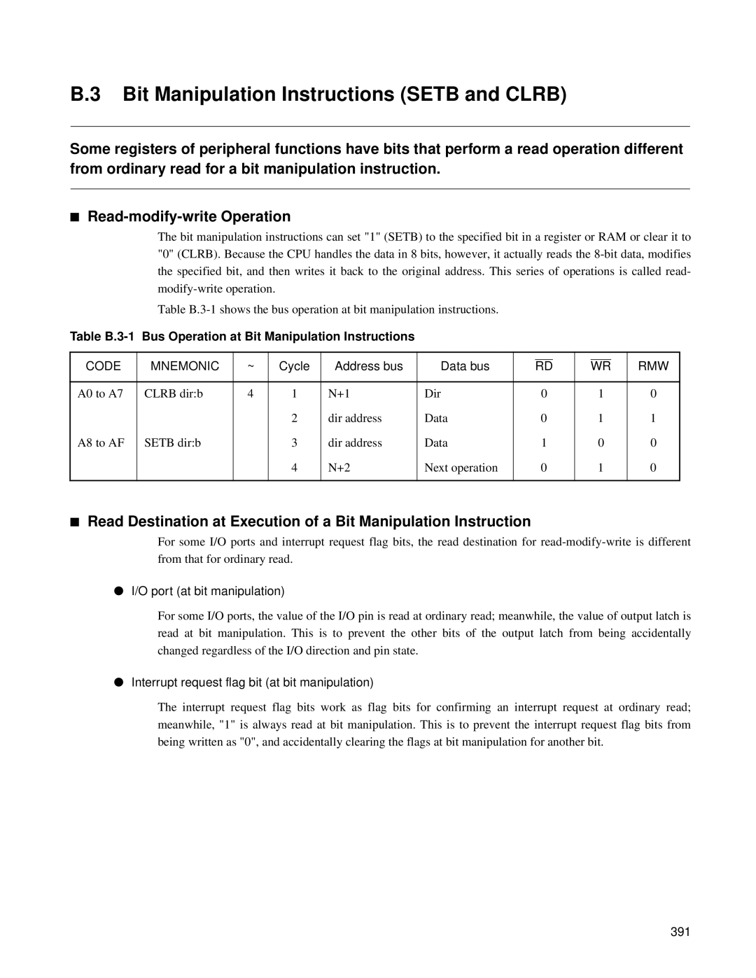 Fujitsu F202RA Bit Manipulation Instructions Setb and Clrb, Table B.3-1 Bus Operation at Bit Manipulation Instructions 