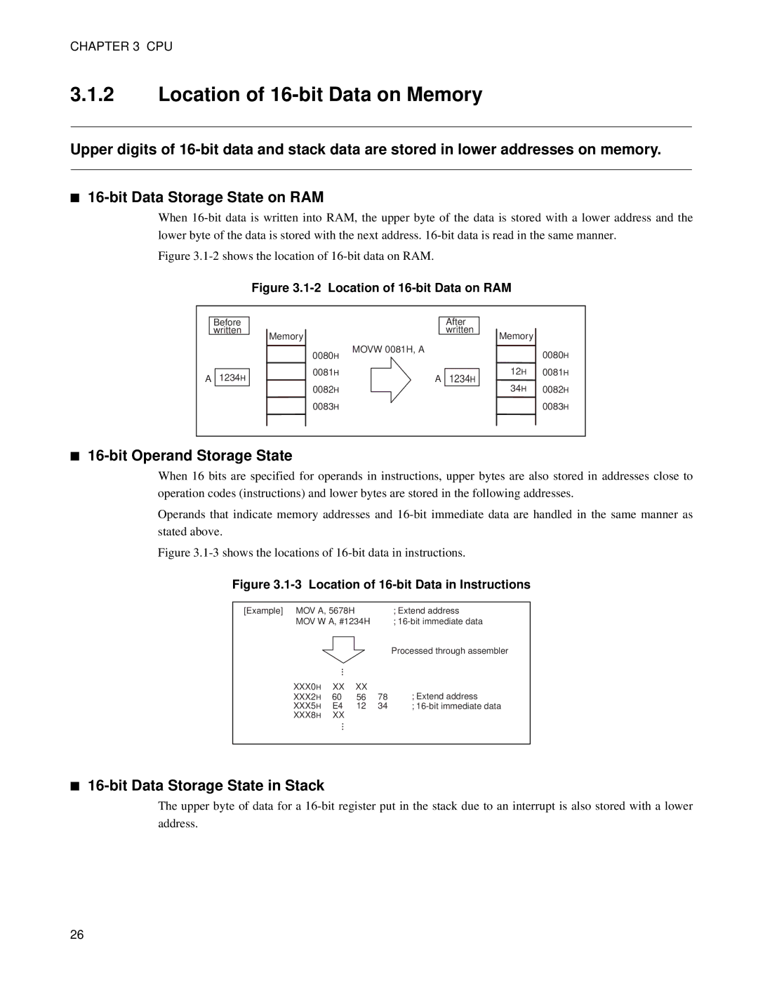 Fujitsu MB89202, F202RA manual Location of 16-bit Data on Memory, Bit Operand Storage State, Bit Data Storage State in Stack 