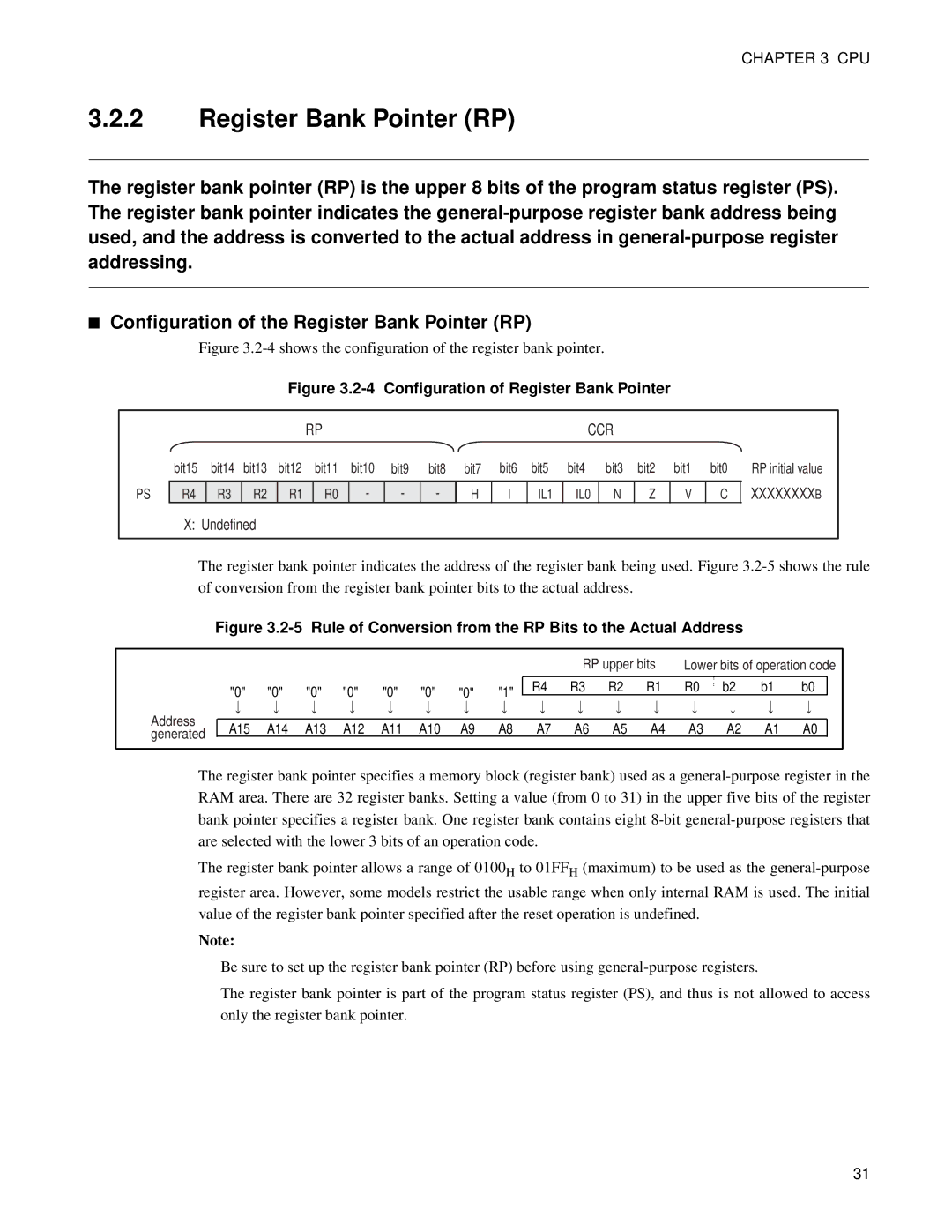 Fujitsu F202RA, MB89202 manual Register Bank Pointer RP, Configuration of Register Bank Pointer 