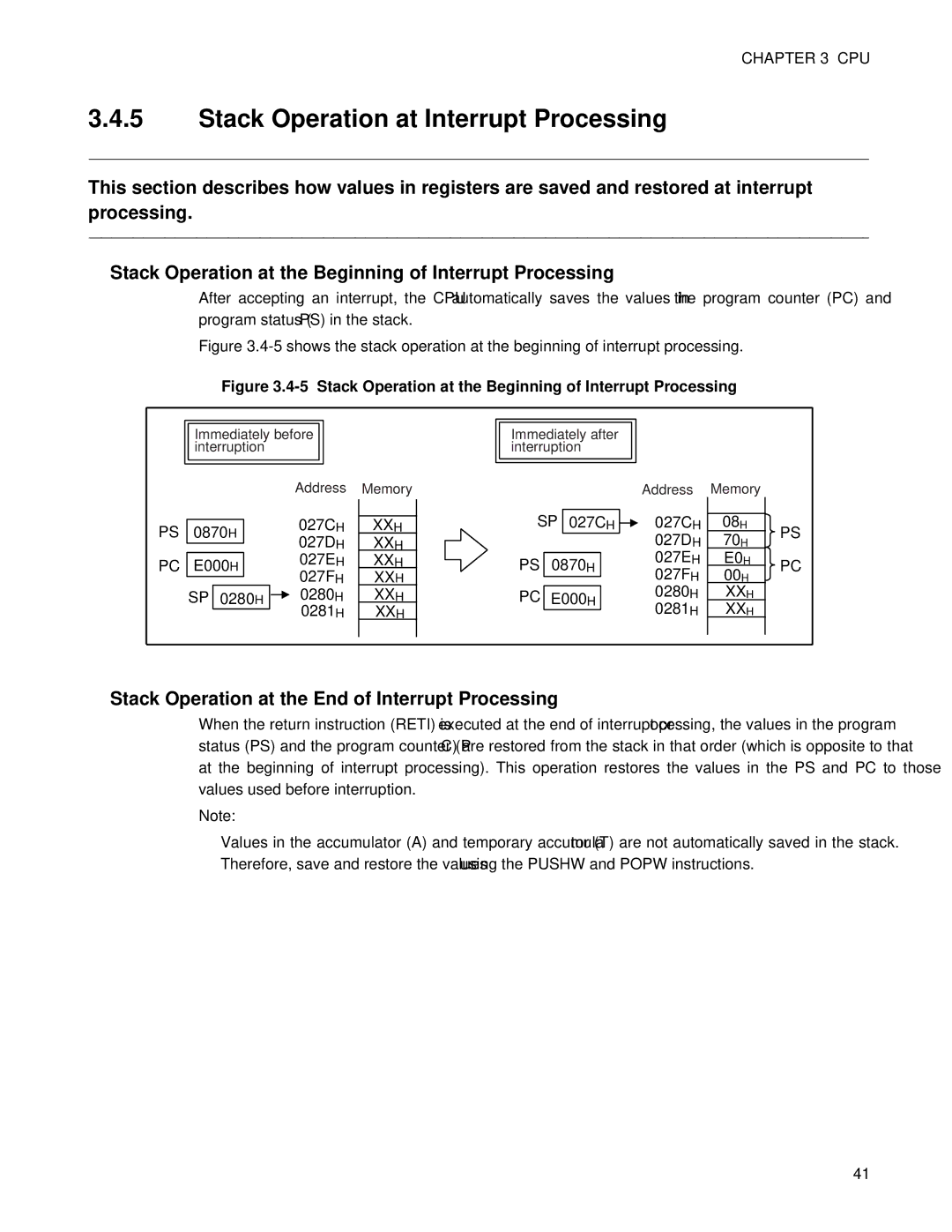 Fujitsu F202RA manual Stack Operation at Interrupt Processing, Stack Operation at the End of Interrupt Processing, Xxh, E0H 