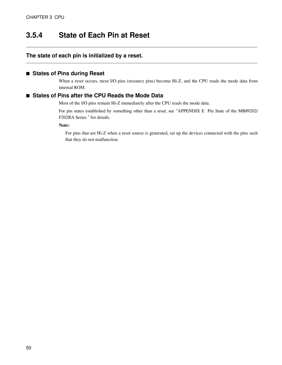 Fujitsu MB89202, F202RA manual State of Each Pin at Reset, States of Pins after the CPU Reads the Mode Data 