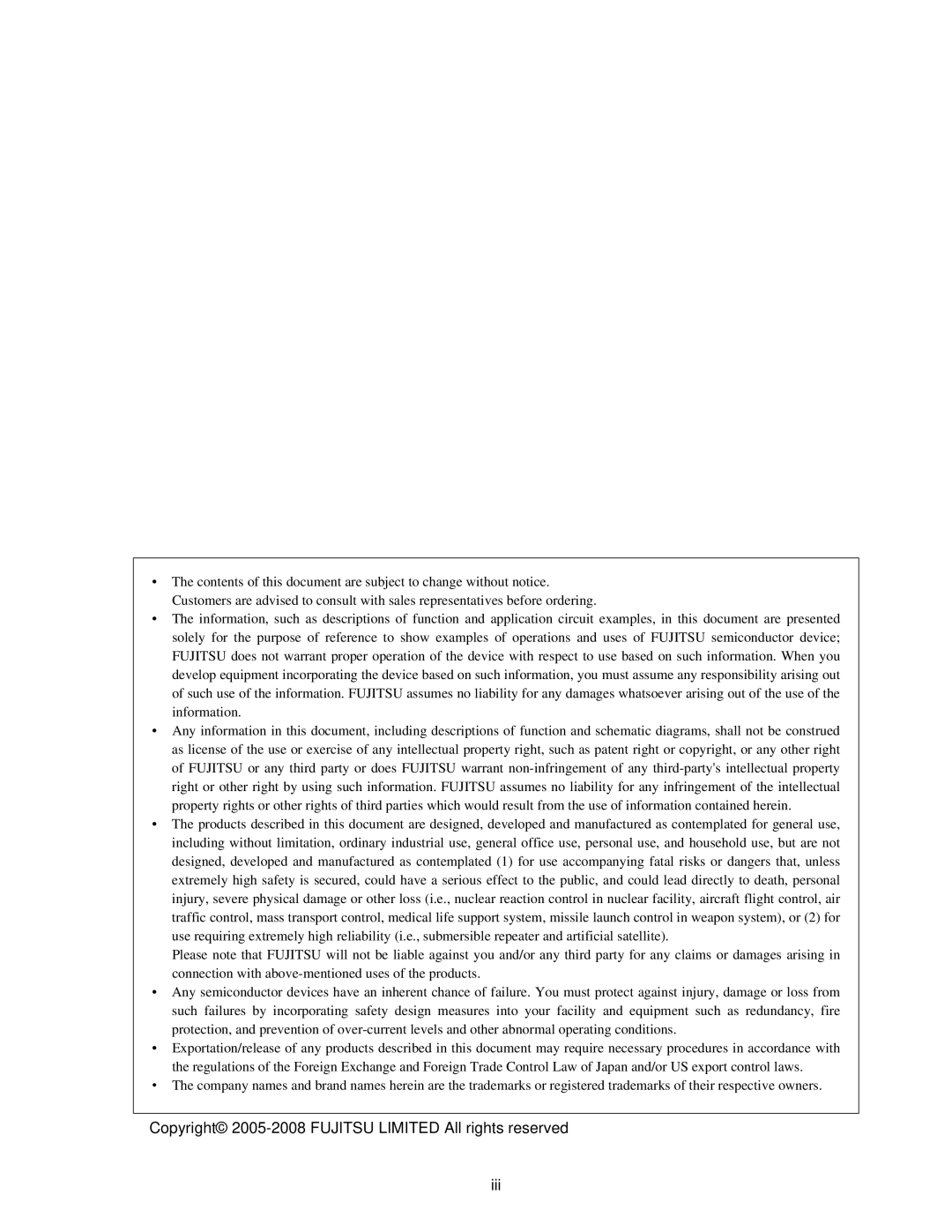 Fujitsu F202RA, MB89202 manual Copyright 2005-2008 Fujitsu Limited All rights reserved Iii 