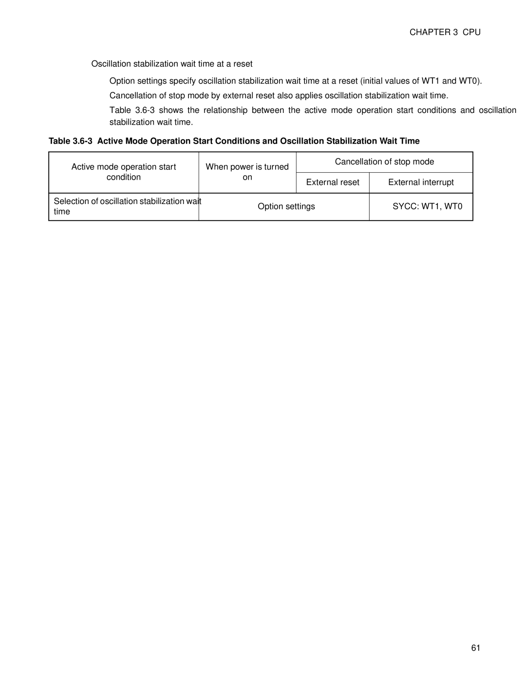 Fujitsu F202RA, MB89202 manual Oscillation stabilization wait time at a reset, Sycc WT1, WT0 