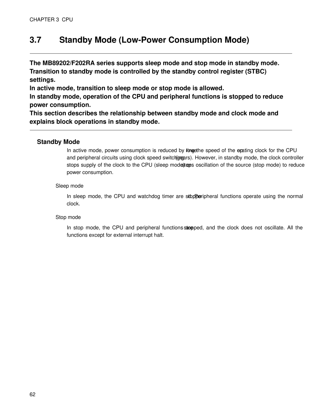 Fujitsu MB89202, F202RA manual Standby Mode Low-Power Consumption Mode, Sleep mode, Stop mode 