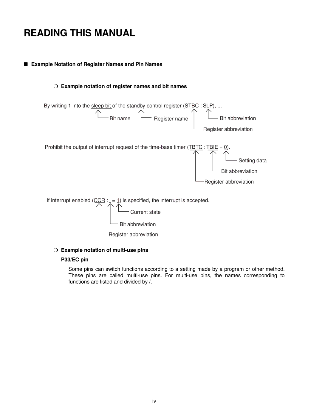 Fujitsu MB89202, F202RA manual Reading this Manual, Example notation of multi-use pins P33/EC pin 