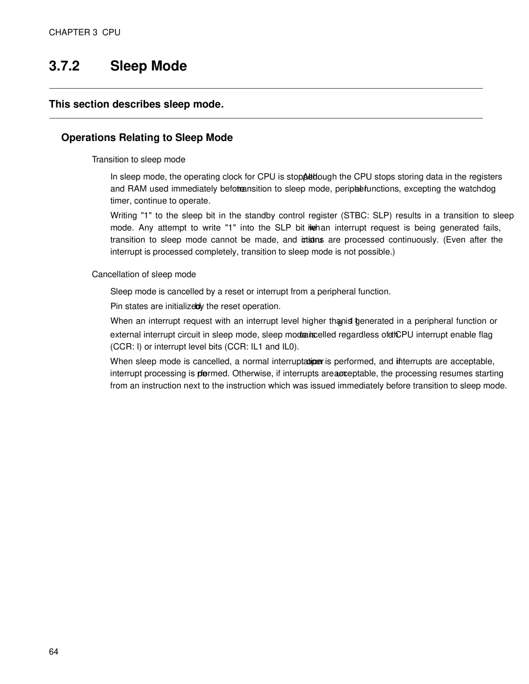 Fujitsu MB89202, F202RA manual Sleep Mode, Transition to sleep mode, Cancellation of sleep mode 