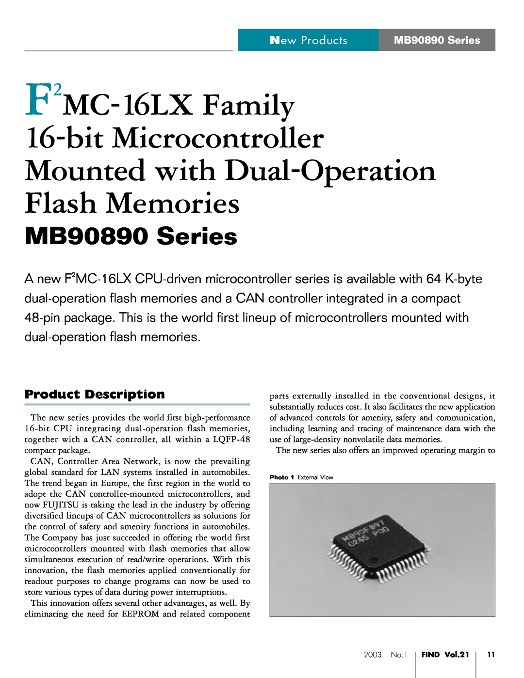 Fujitsu manual Product Description, New Products, MB90890 Series, F2MC-16LX Family 