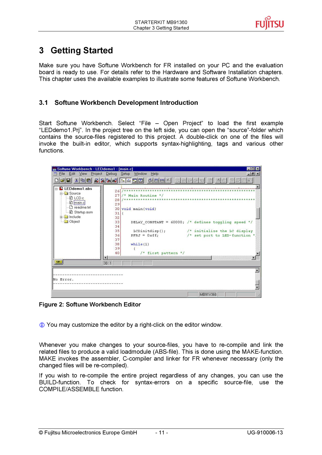 Fujitsu MB91360 manual Getting Started, Softune Workbench Development Introduction 